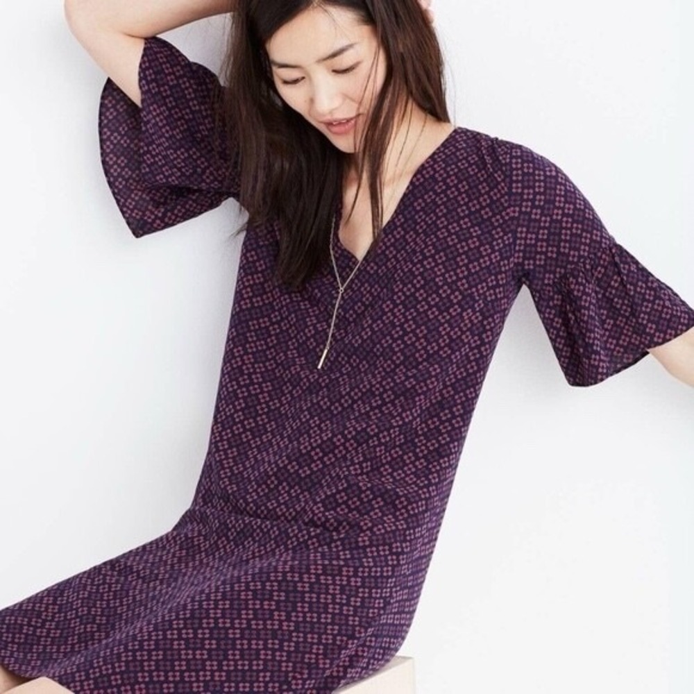 Madewell 100% Silk Painted Clover Bell Sleeve‎ Mini Dress Size 6